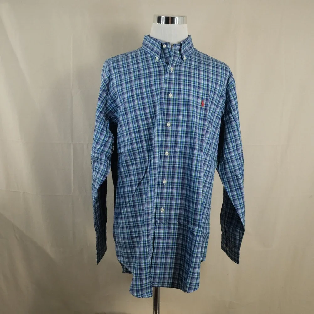 Polo Ralph Lauren XL Classic Fit Button Down Blue Green Plaid 100% Cotton Mens